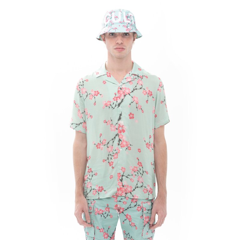Cult Of Individuality Camp Short Sleeve Woven Shirt In Cherry Blossom In Blue