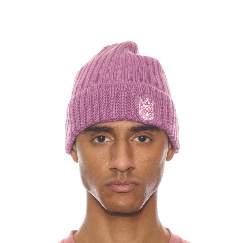 Shop Cult Of Individuality Knit Hat With Bonbon And White In Pink