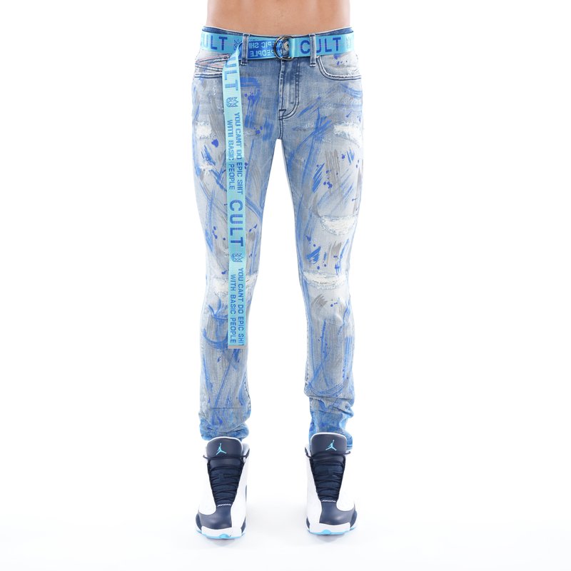Shop Cult Of Individuality Punk Super Skinny Belted Stretch Jeans In Scratch In Blue