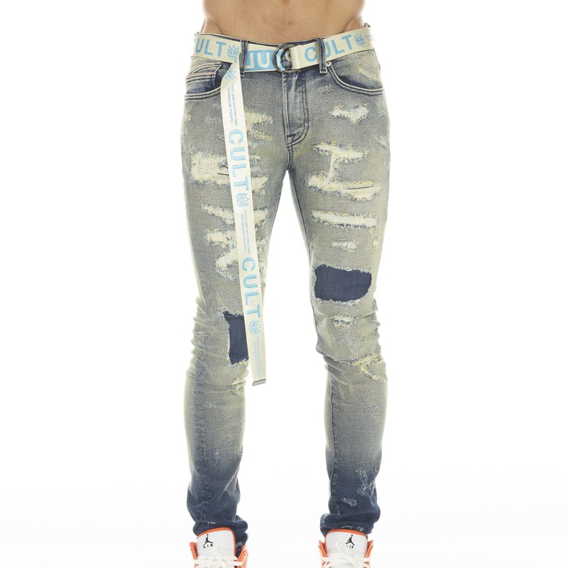 Cult Of Individuality Punk Super Skinny Stretch Jeans With Beet Red Belt In Blue