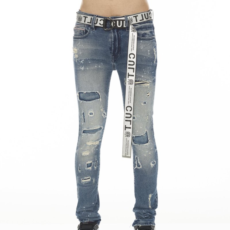 Cult Of Individuality Punk Super Skinny Stretch Jeans With White Belt In Blue