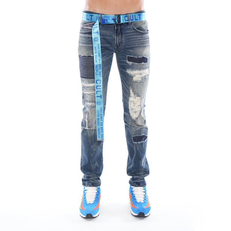 Shop Cult Of Individuality Rocker Slim Belted Stretch Jeans In Delft In Blue