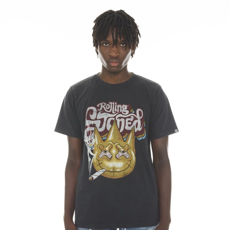 Cult Of Individuality Short Sleeve Crew Neck Tee "rolling Stoned" In Black/ac Dc Wash