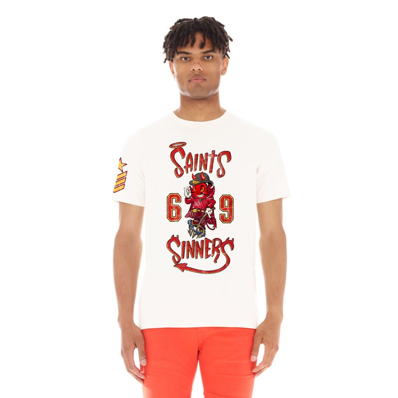 CULT OF INDIVIDUALITY SHORT SLEEVE CREW NECK TEE "SAINTS & SINNERS" IN WINTER WHITE