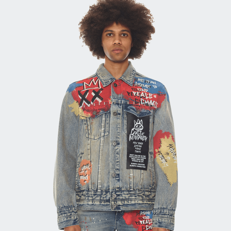 CULT OF INDIVIDUALITY CULT OF INDIVIDUALITY TYPE IV DENIM JACKET WITH DOUBLE CUFF AND WAISTBAND IN BASQ