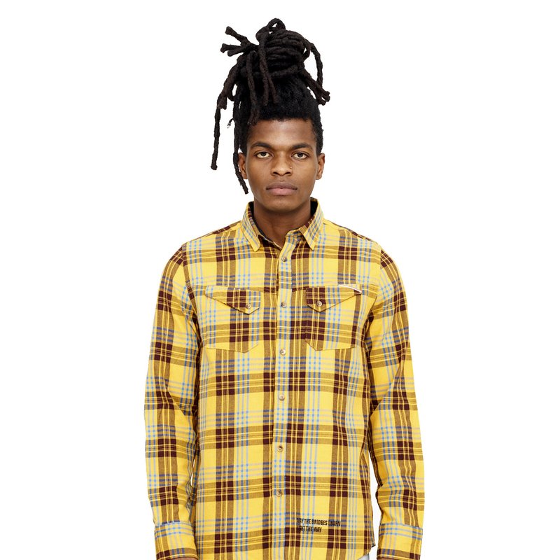 Shop Cult Of Individuality "world On Fire" Plaid Woven In Yellow
