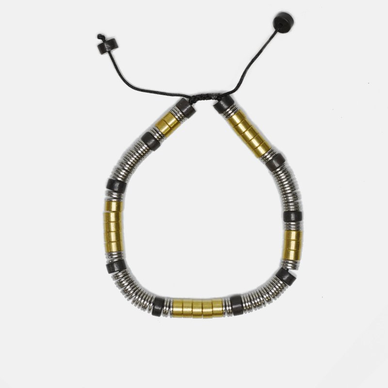 Shop Curated Basics Brass + Onyx + Steel Disks Beaded Bracelet In Yellow