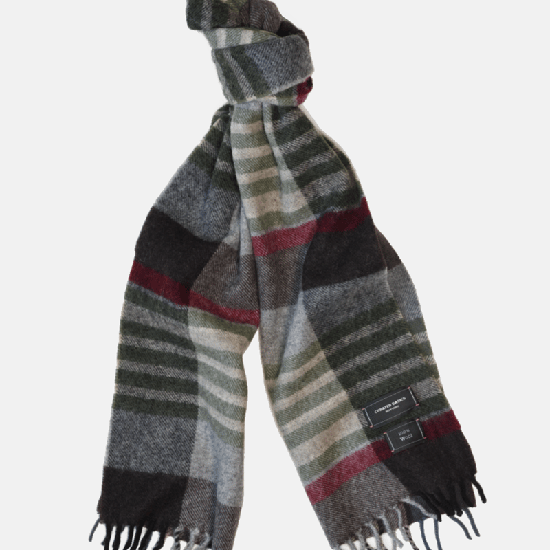 Curated Basics Grey, Brown, Green, Red Plaid Wool Scarf In Blue
