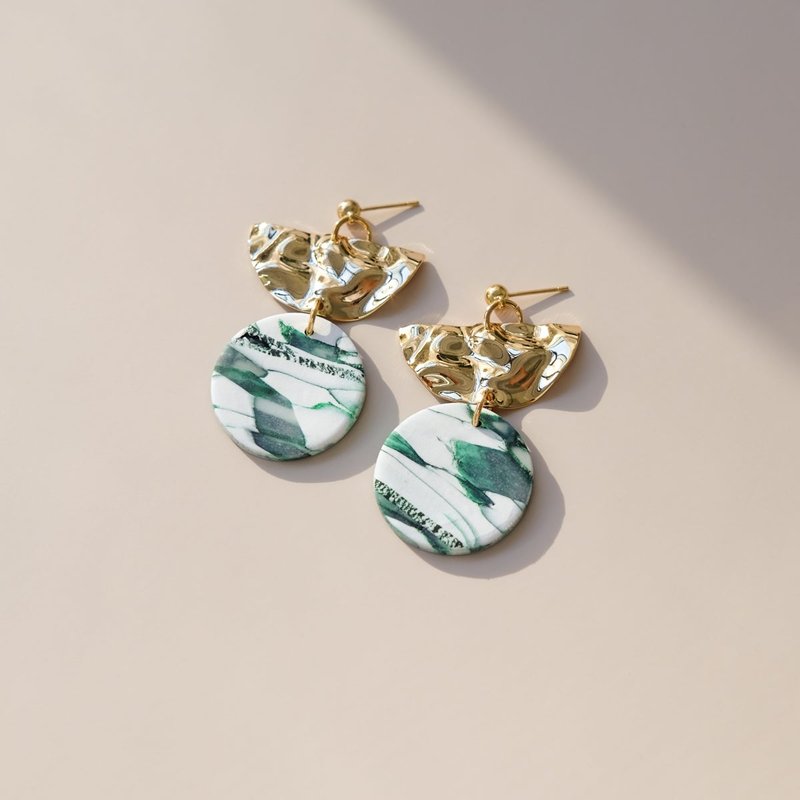 By Chavelli Green Marble And Gold Dangly Earrings