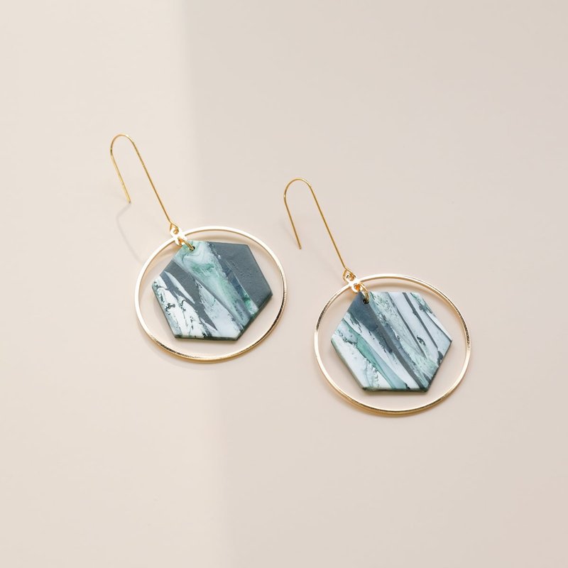 By Chavelli Green Marble Hex Halo Dangly Earrings