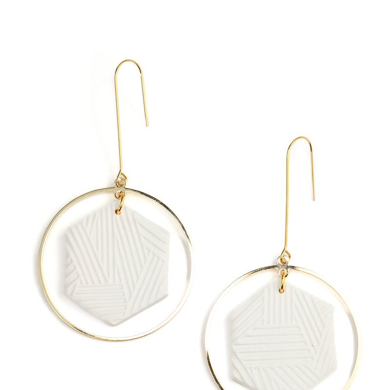 By Chavelli Hex Halo White And Gold Dangly Earrings