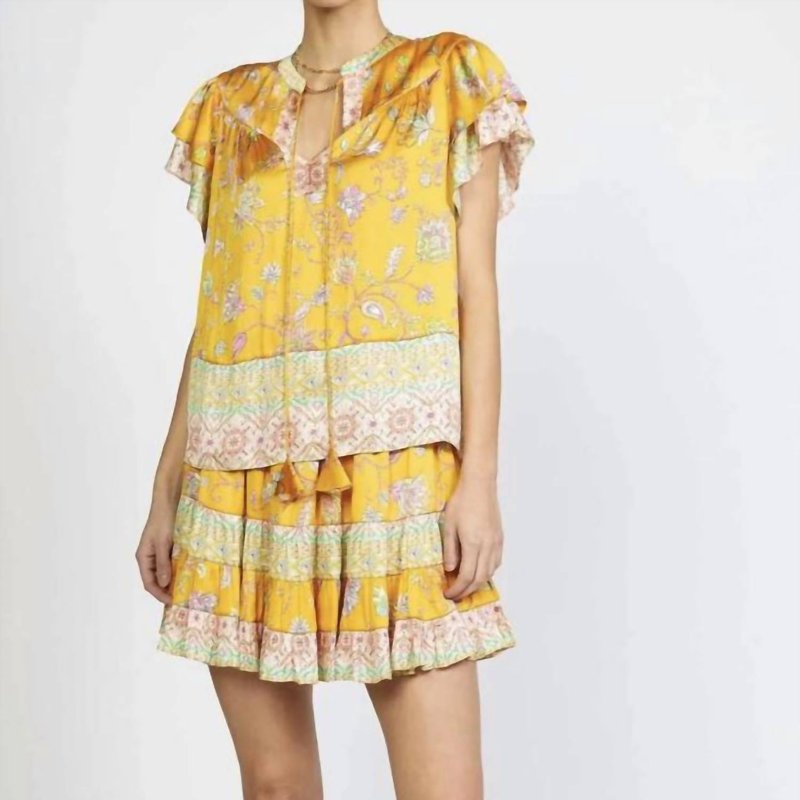 Current Air Border Printed Elastic Waisted Tiered Mini Skirt With String In Yellow