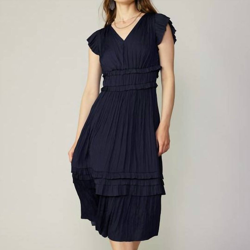 CURRENT AIR V-NECK PLEATED RUFFLE LONG DRESS