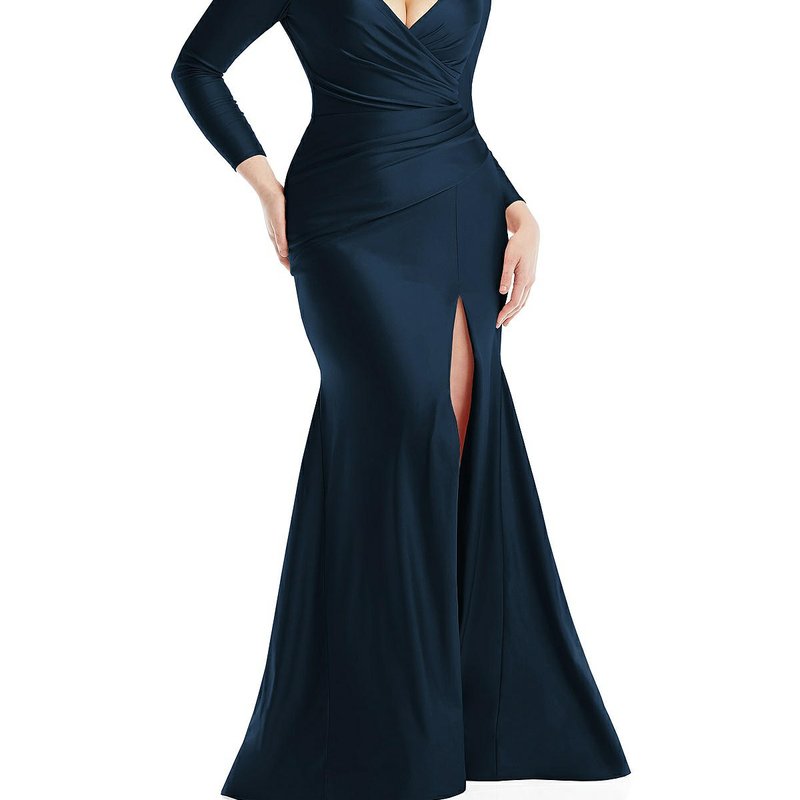 Shop Cynthia & Sahar Long Sleeve Draped Wrap Stretch Satin Mermaid Dress With Slight Train In Blue