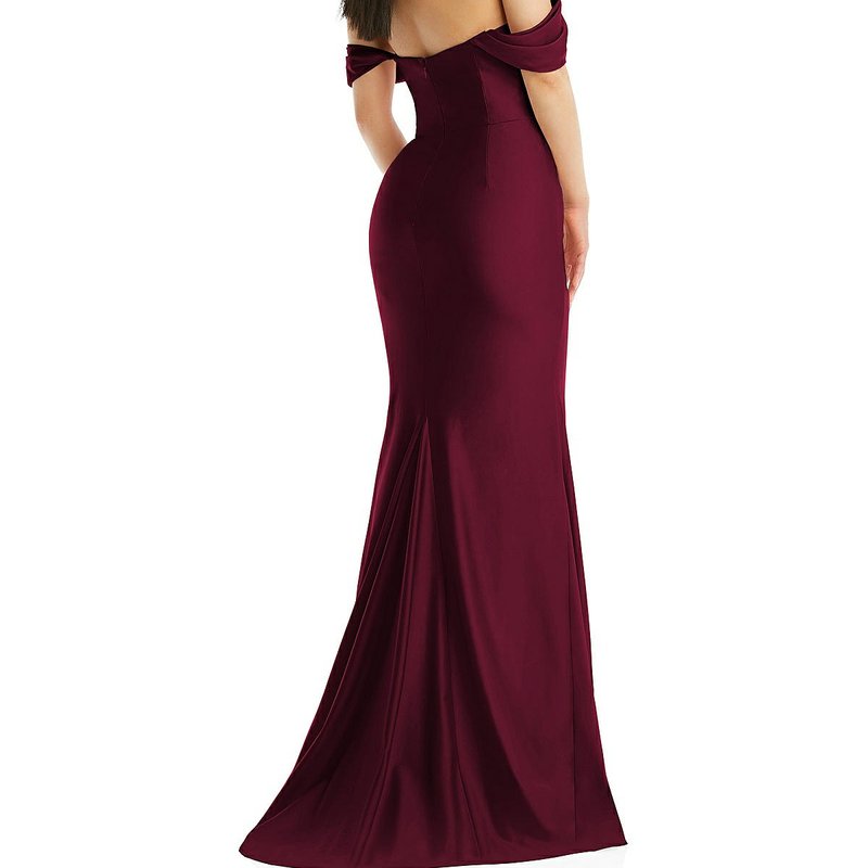 Shop Cynthia & Sahar Off-the-shoulder Corset Stretch Satin Mermaid Dress With Slight Train In Red