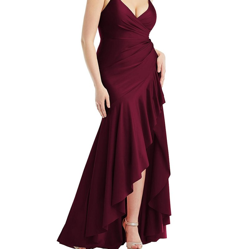 Shop Cynthia & Sahar Pleated Wrap Ruffled High Low Stretch Satin Gown With Slight Train In Red