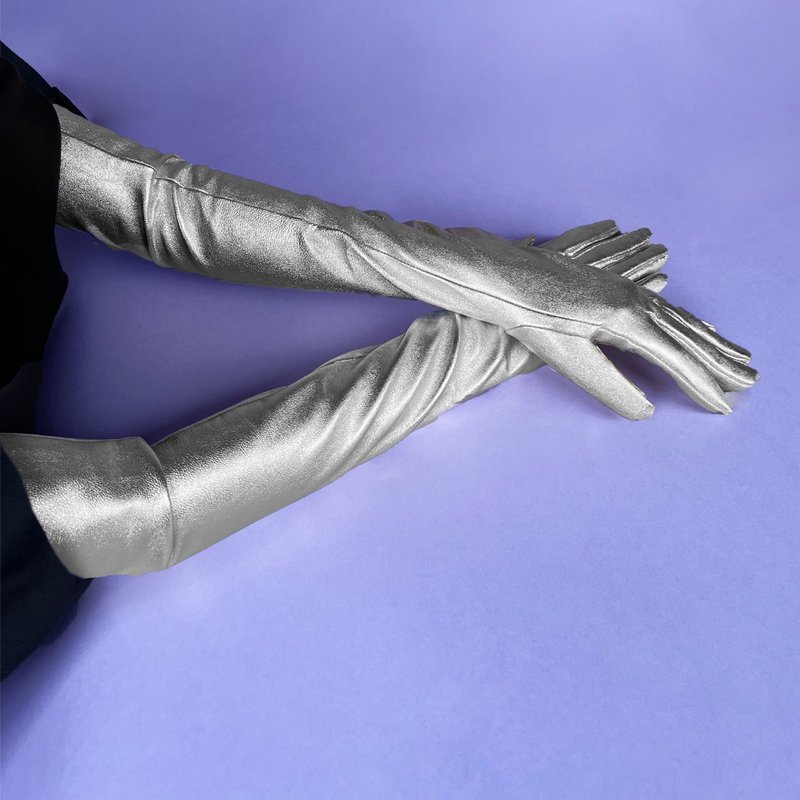 Cynthia Rowley Bea Long Metallic Leather Gloves In Grey