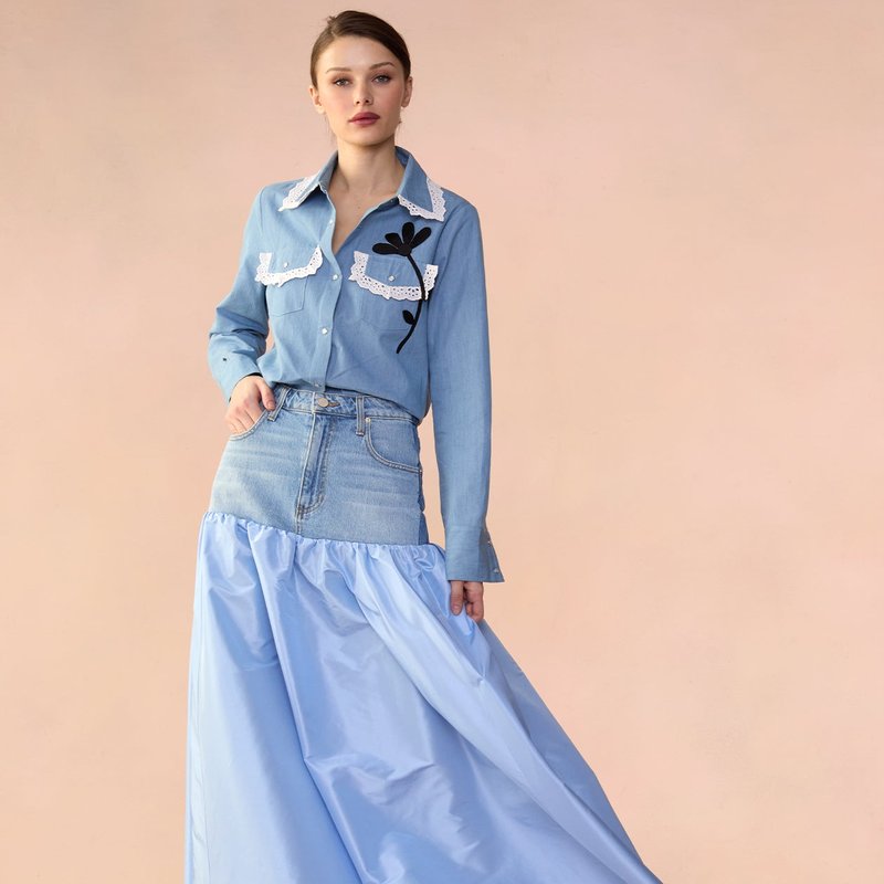 Shop Cynthia Rowley Deconstructed Denim Taffeta Skirt In Blue