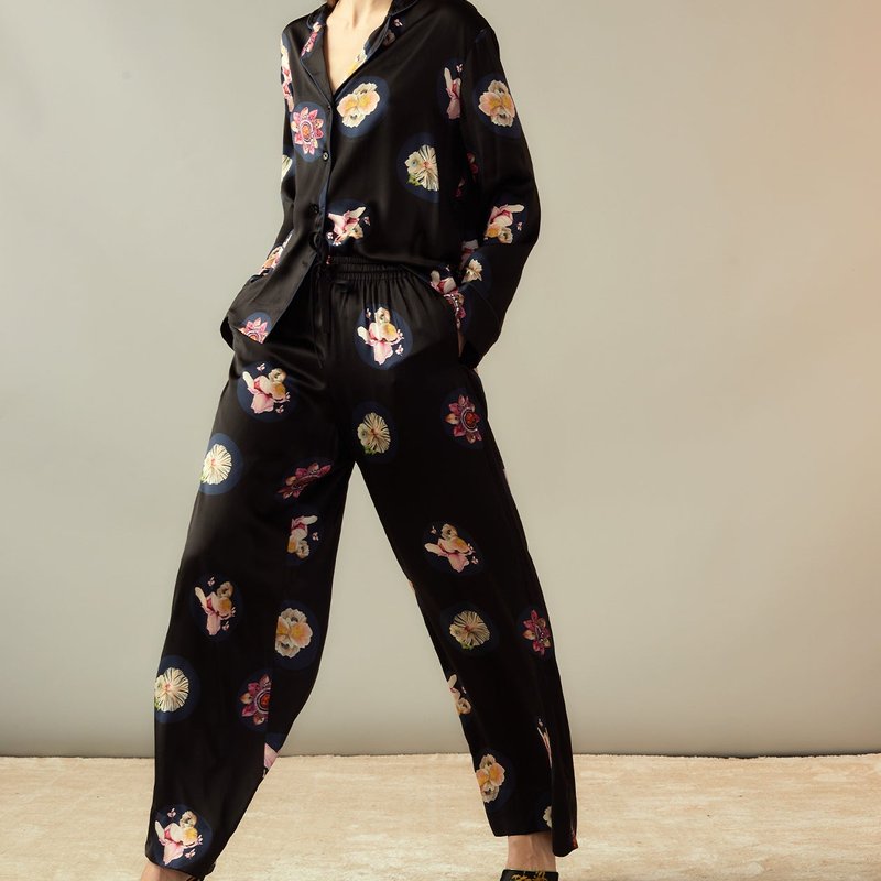 Cynthia Rowley Moonlit Petal Silk Pyjama Trousers In Black