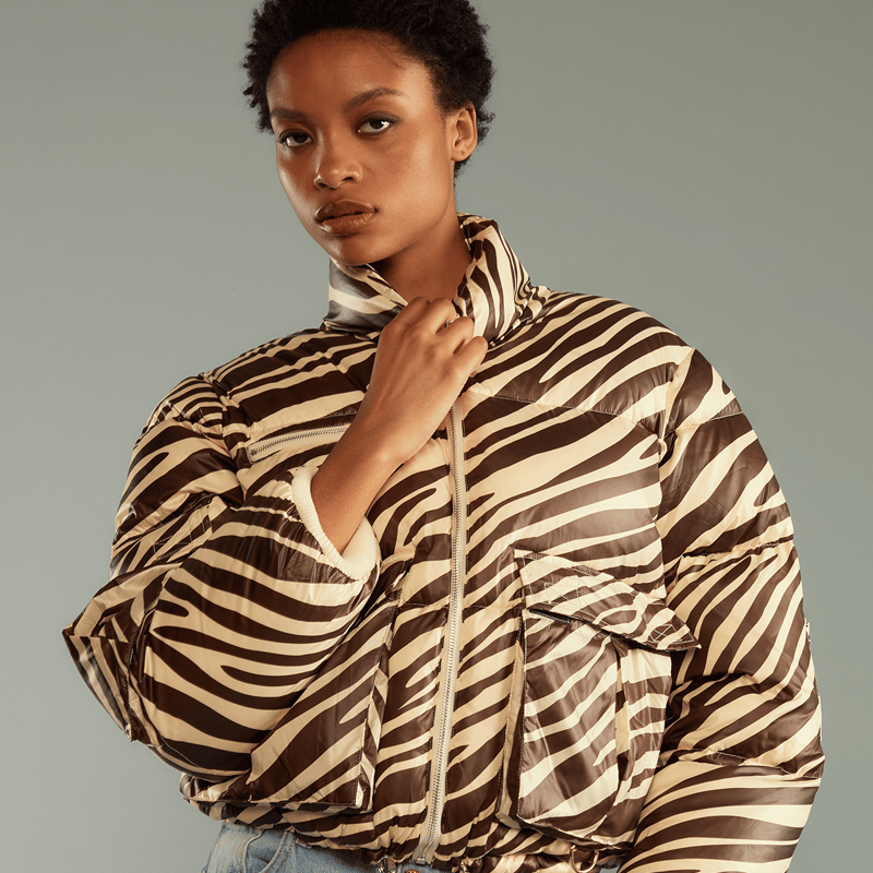 Cynthia Rowley Women's Zebra-print Crop Puffer Jacket In Brown