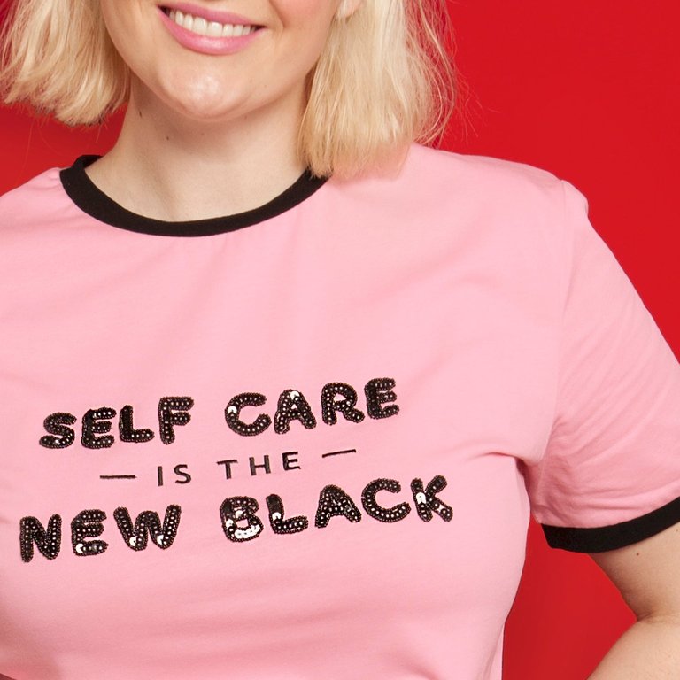 Self Care Embellished Ringer Tee - Pink