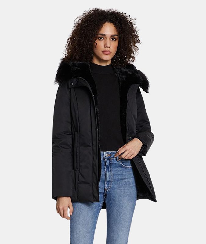 Shop Dawn Levy Luka Fitted Parka With Velvet & Fur Trim In Black