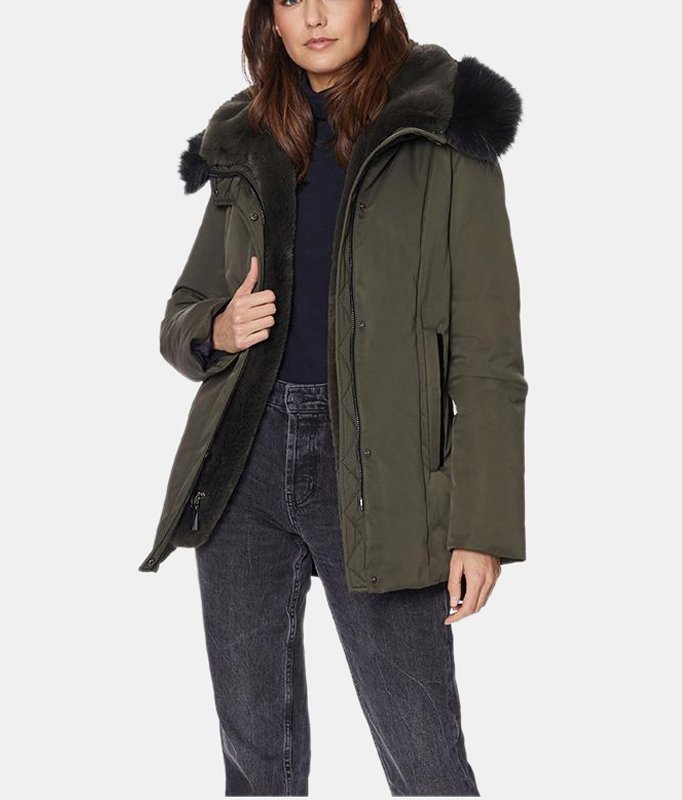 Shop Dawn Levy Luka Fitted Parka With Velvet & Fur Trim In Green
