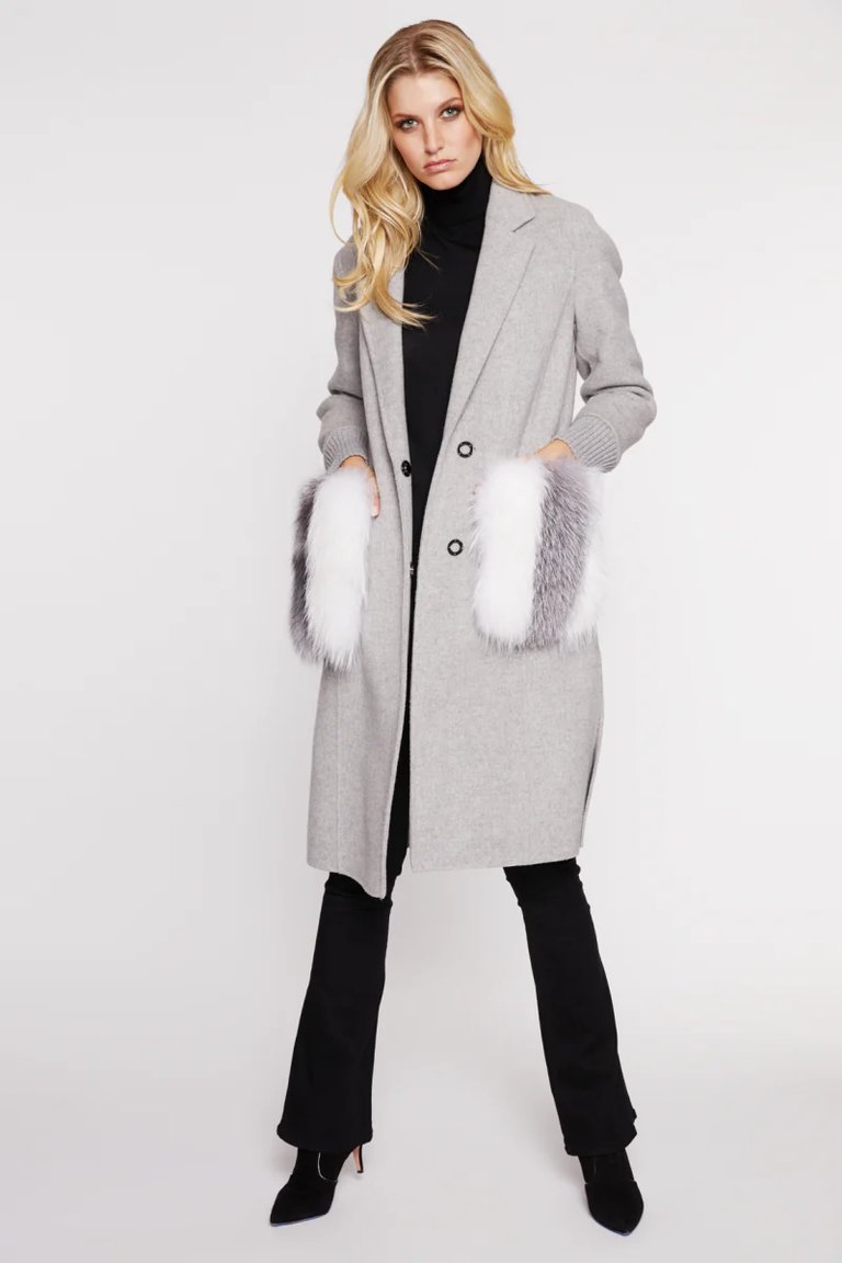 Natalie Double Faced Wool Coat with Fur Trim - Sea Grey
