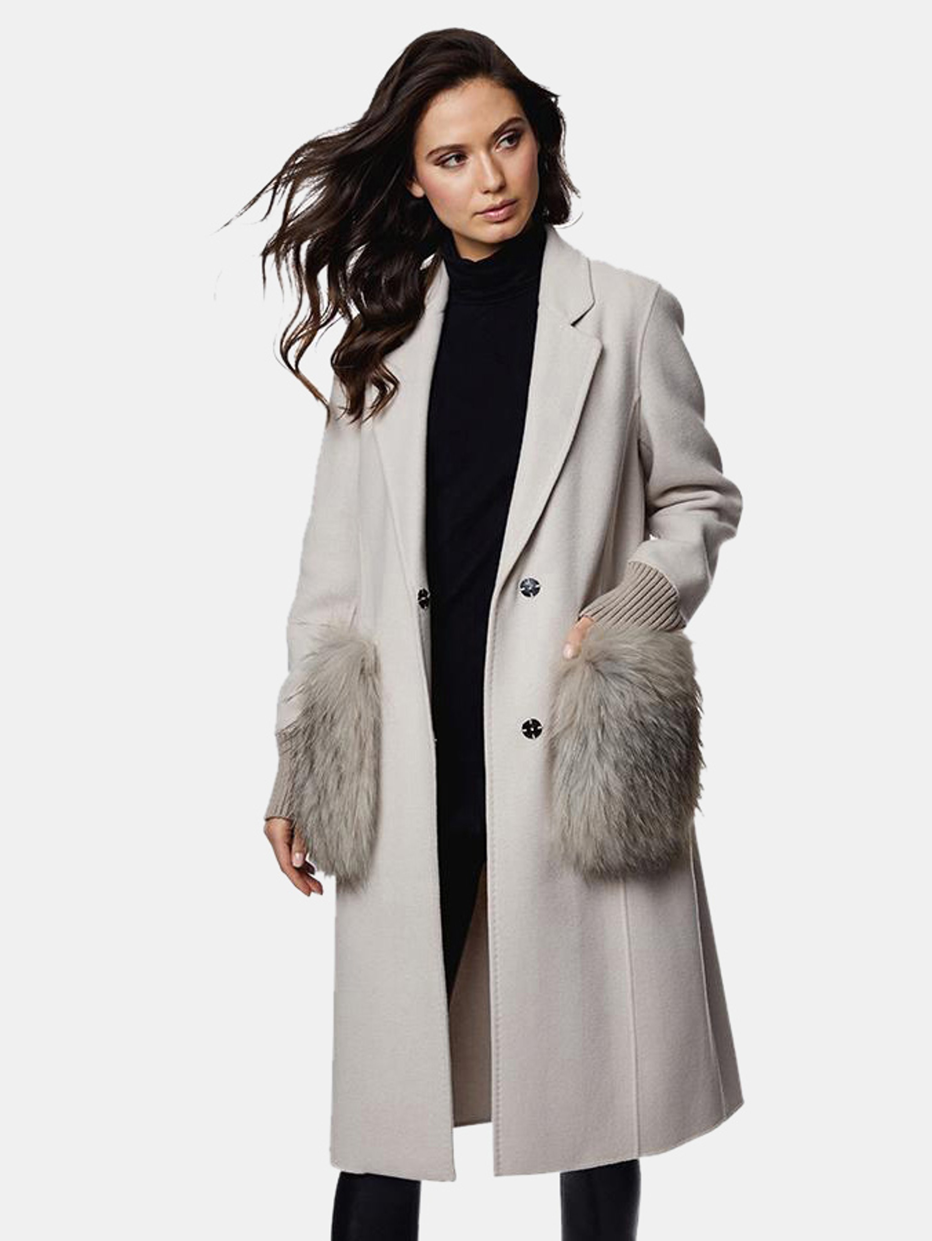 Dawn Levy Natalie Double Faced Wool Coat With Fur Trim In White
