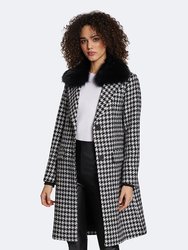Noelle Houndstooth Pattern Wool Coat with Removable Raccoon Fur Collar - Houndstooth