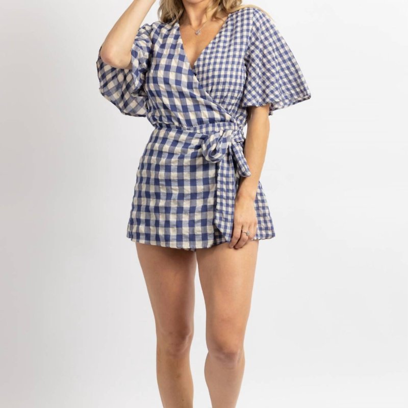 Day + Moon Gingham Wrap Romper In Blue