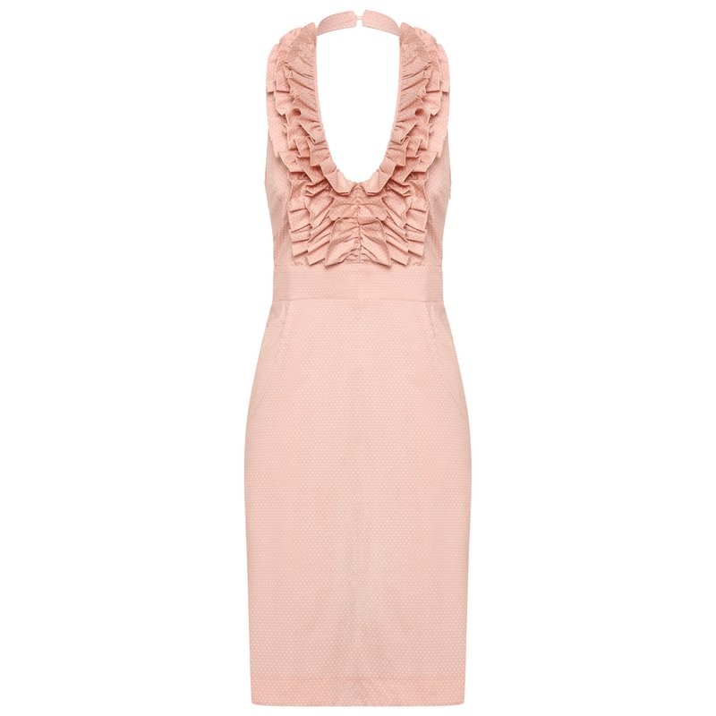 Deer You Betsy Beauty Frill Neck Halter Dress In Pink Pin Spot