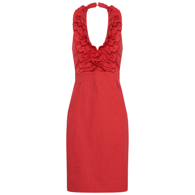Deer You Betsy Beauty Frill Neck Halter Dress In Red Pin Spot
