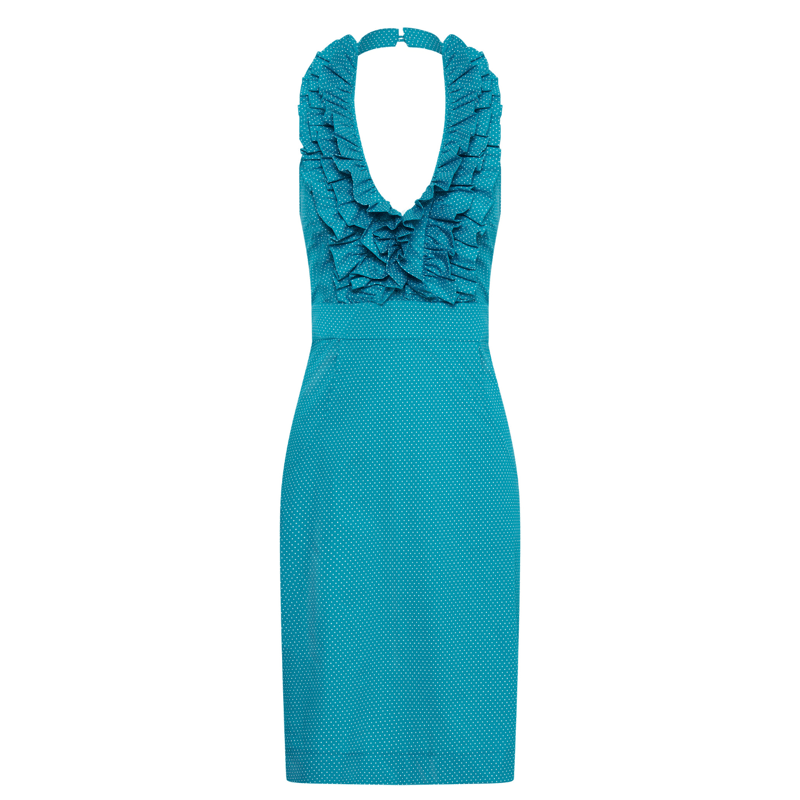 Deer You Betsy Beauty Frill Neck Halter Dress In Teal Pin Spot In Green