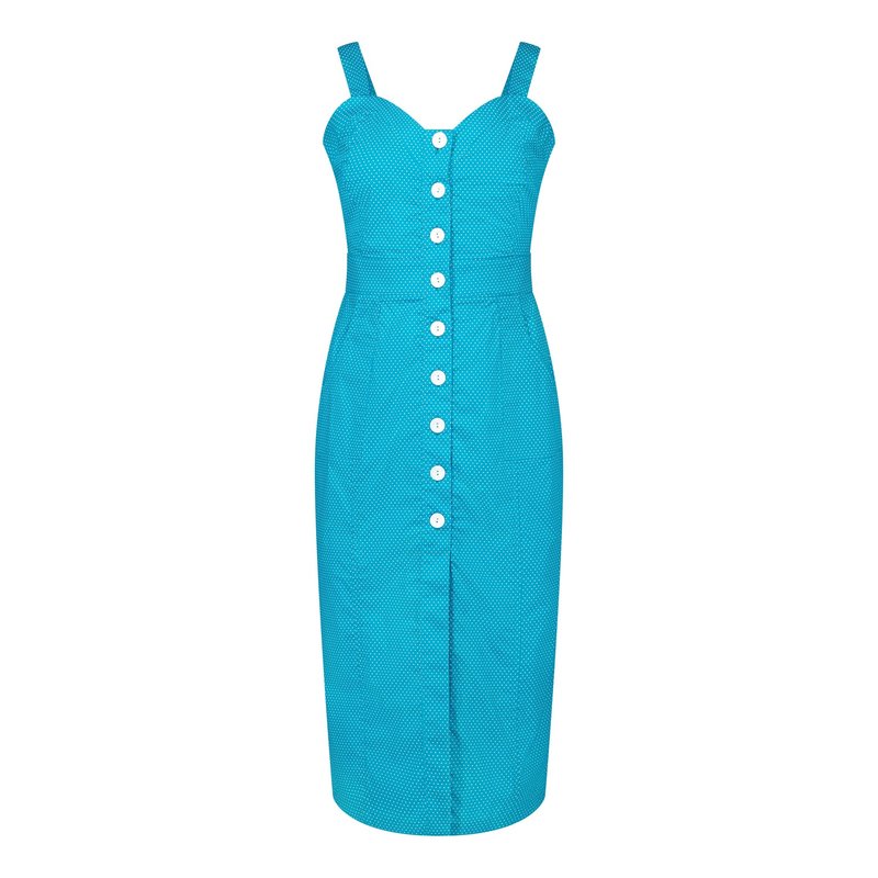 Deer You Queenie Quintessential Sweetheart High Waisted Dress In Teal Pin Spot In Blue