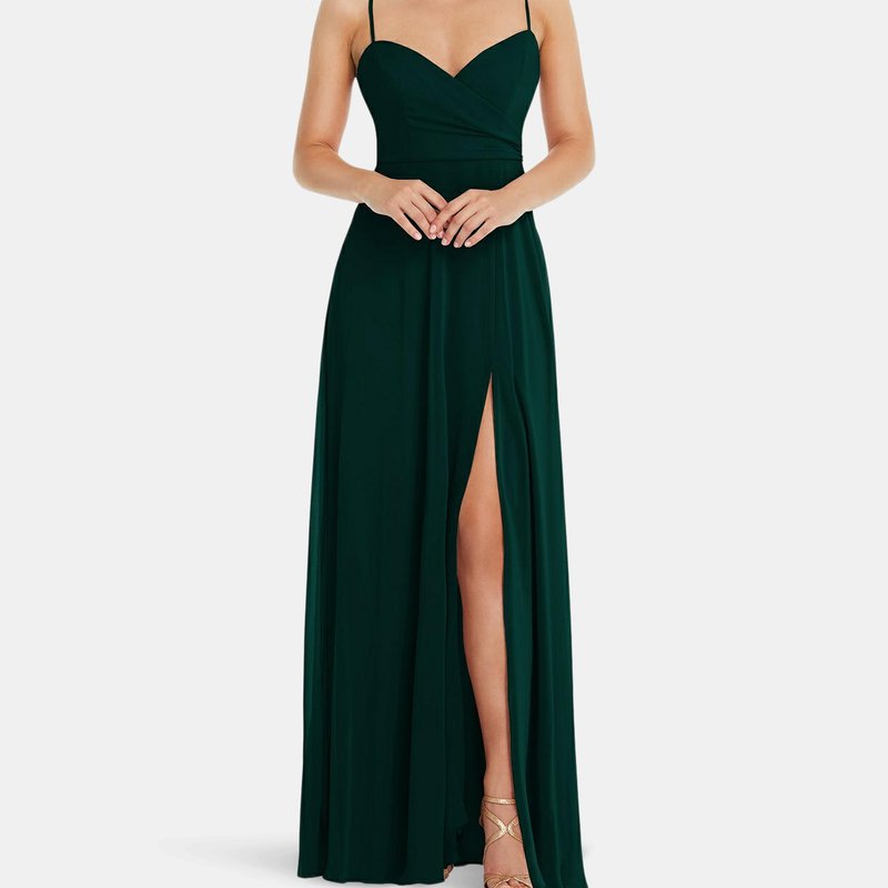 Dessy Collection Adjustable Strap Wrap Bodice Maxi Dress With Front Slit In Evergreen