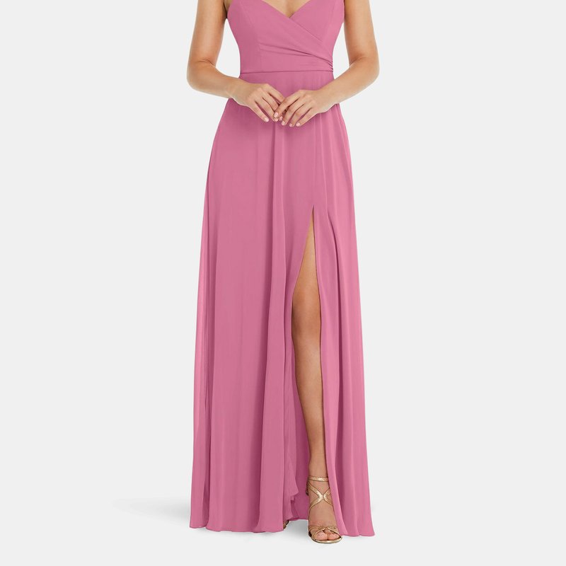 Dessy Collection Adjustable Strap Wrap Bodice Maxi Dress With Front Slit In Orchid Pink