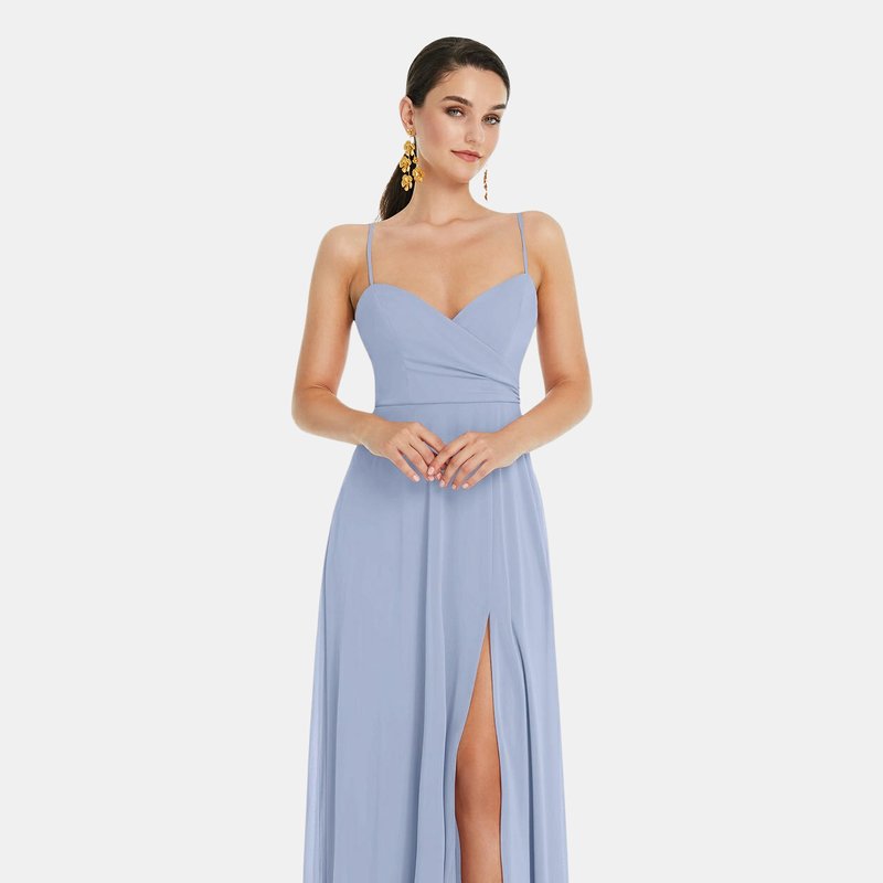 Dessy Collection Adjustable Strap Wrap Bodice Maxi Dress With Front Slit In Sky Blue