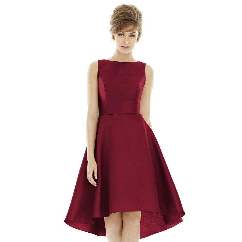 Dessy Collection Bateau Neck Satin High Low Cocktail Dress In Burgundy