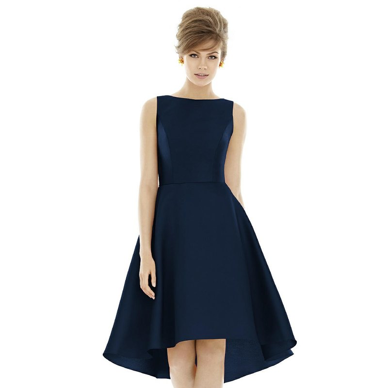 Dessy Collection Bateau Neck Satin High Low Cocktail Dress In Midnight Navy