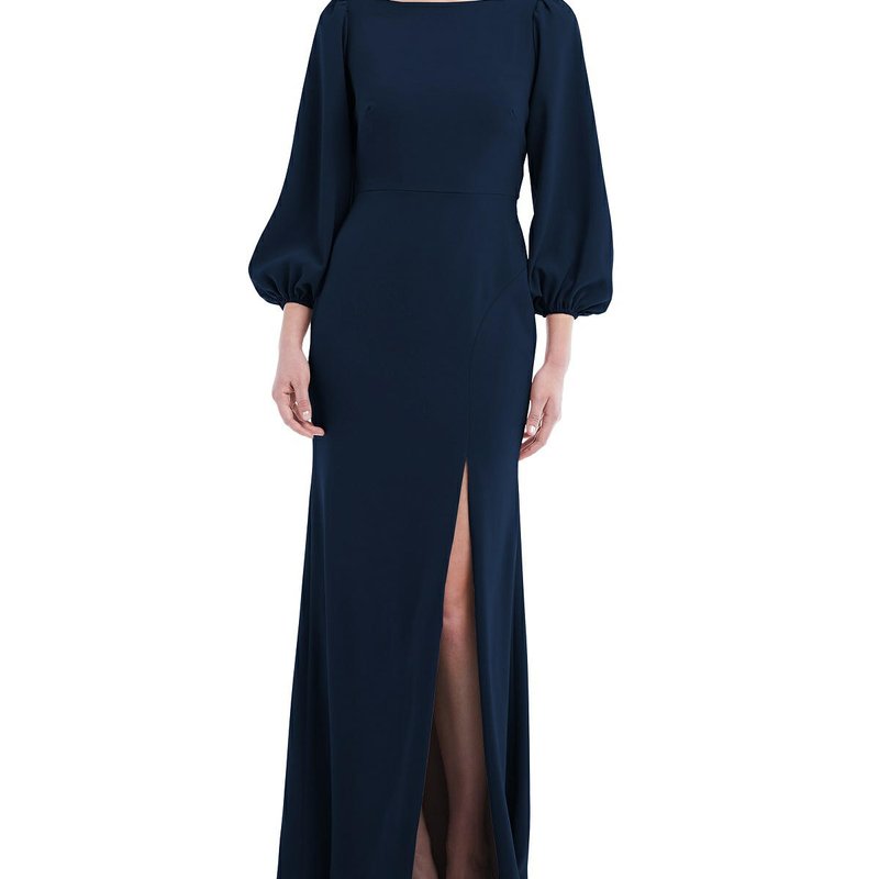 Dessy Collection Bishop Sleeve Open-back Trumpet Gown With Scarf Tie In Midnight Navy