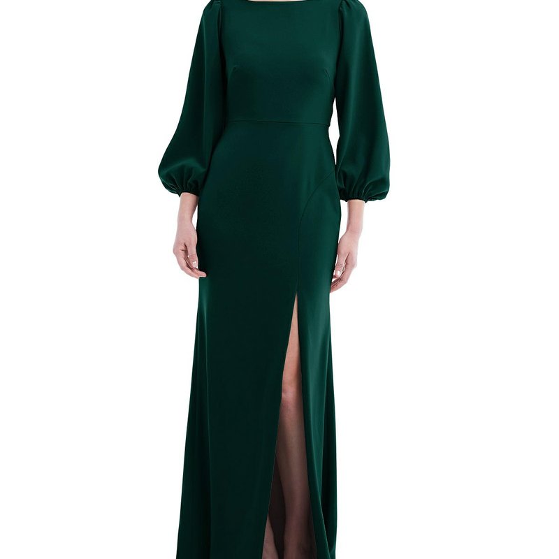Dessy Collection Bishop Sleeve Open-back Trumpet Gown With Scarf Tie In Evergreen