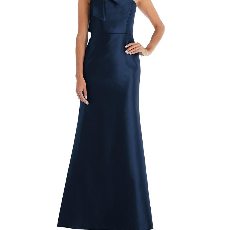 Dessy Collection Bow One-shoulder Satin Trumpet Gown In Midnight Navy
