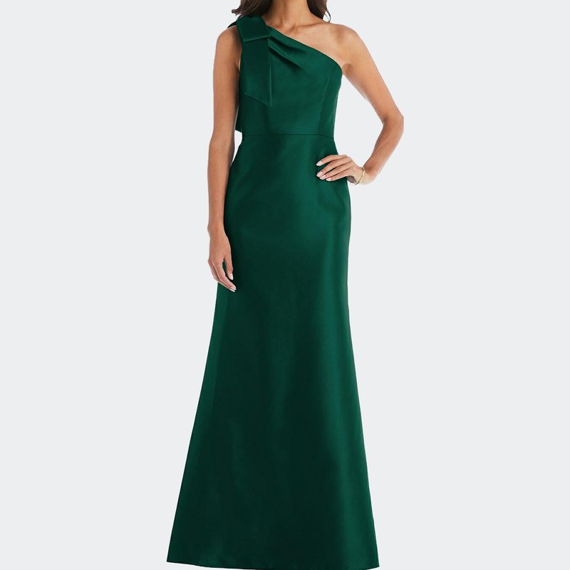 Dessy Collection Bow One-shoulder Satin Trumpet Gown In Hunter Green