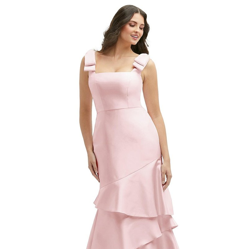 Shop Dessy Collection Bow-shoulder Satin Maxi Dress With Asymmetrical Tiered Skirt In Pink