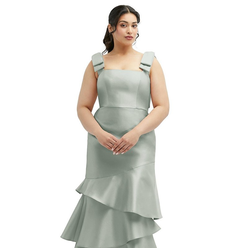 Shop Dessy Collection Bow-shoulder Satin Midi Dress With Asymmetrical Tiered Skirt In Green