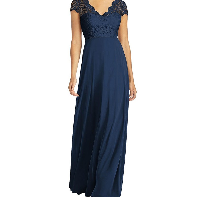 Dessy Collection Cap Sleeve Illusion-back Lace And Chiffon Dress In Blue