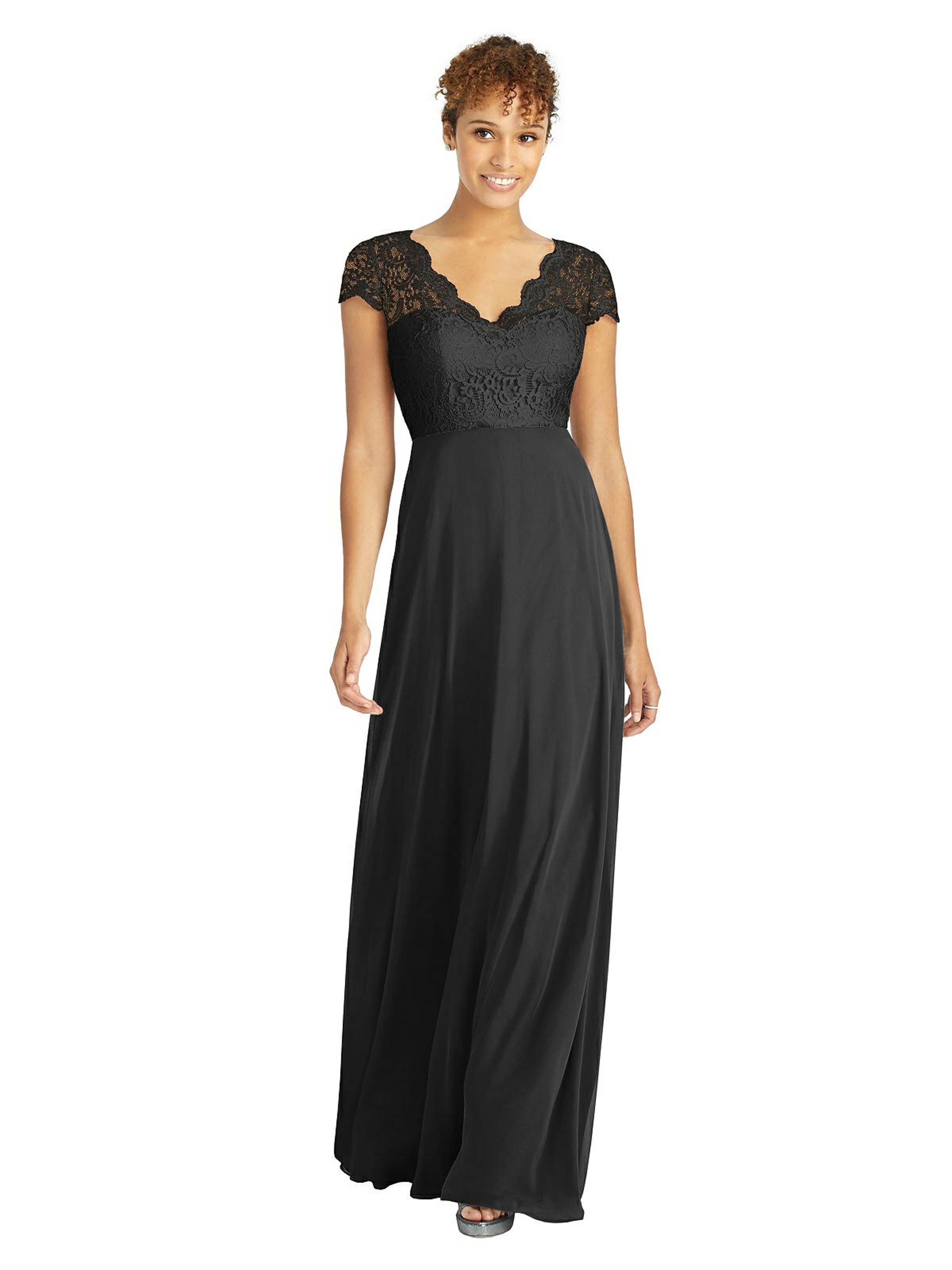 DESSY COLLECTION DESSY COLLECTION CAP SLEEVE ILLUSION-BACK LACE AND CHIFFON DRESS