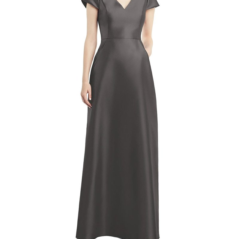 Dessy Collection Cap Sleeve V-neck Satin Gown With Pockets In Caviar Gray