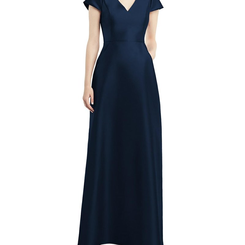 Dessy Collection Cap Sleeve V-neck Satin Gown With Pockets In Midnight Navy